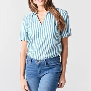 Trovata Birds Of Paradise Nikki Gathered Blouse Sz L Striped Teal Cotton Top